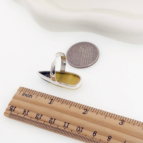 Solid Sterling Silver 925 Bumblebee Jasper Long Ring Size 8 1/4 Boho Southwest - Picture 7 of 8